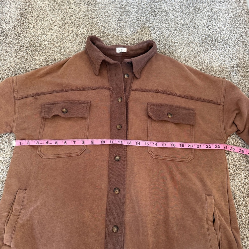 POL Brown Mineral Wash Oversized French Terry Button Down Shacket Medium Boho - Picture 5 of 6